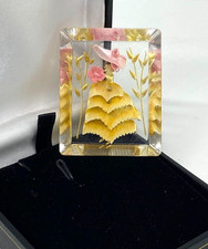 Vintage Clear Lucite Brooch Reverse Carved Crinoline Lady Yellow Pink Rectangle