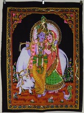 * Indian Hindu God Radha Krishna with Cow Sequinned Wall Hanging * Small