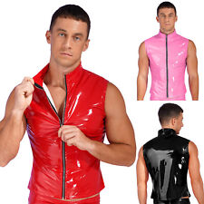 UK Men Sleeveless Jacket Wet Look Patent Leather Stand Collar Vest Top Clubwear