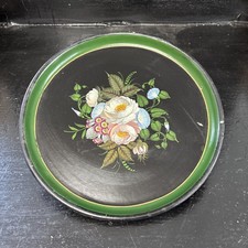 Unusual Antique Papier Mache Black Tray Hand Painted Floral Decor 12” Round