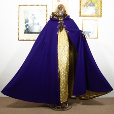 Vintage 1970s Royal Purple Wool Cloak with Gold Embroidered Clasps One Size