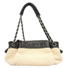CHANEL Leather & Woven Canvas Chain Shoulder Bag Ivory Black Silver Auth