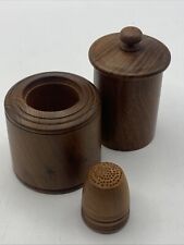 Beautiful Pair Of Wood Hand Turned Thimble & Holder, & Pin Pot By Mel Ridgers