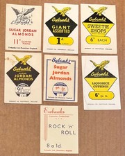 7 X EWBANKS Sweet Shop Display Cards SUGAR JORDAN ALMONDS LIQUORICE Pontefract