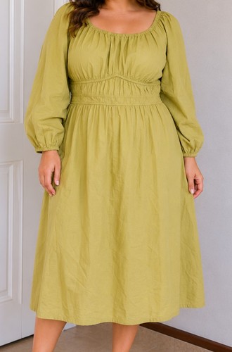 Green puff sleeve midi dress - green,
