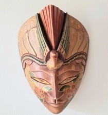 Hand Carved Mask Javanese Wood Batik Painted Art Wall Ornament  Female Vintage