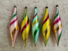 5 Vintage Polish Striped Mercury Glass Long Tear Drop Xmas Baubles Retro 70s 80s