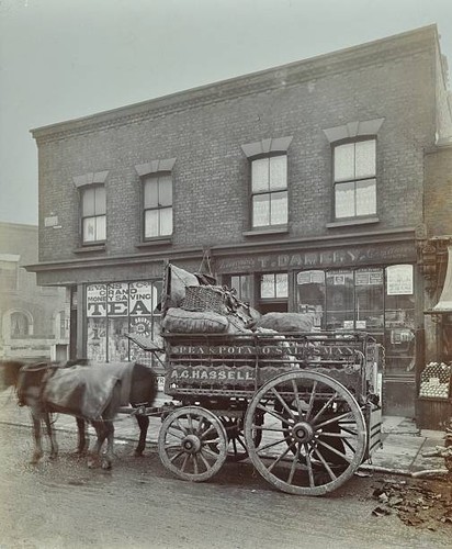 Horse cart with sacks - , of