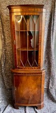 Pair Bevan Funnell Mahogany Corner Cabinets Glazed Doors, Inlaid Panels, c.1980s