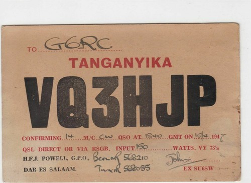 Tanganyika 1947 qsl radio - tanganyika,