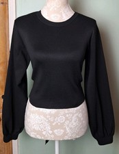 Primark Black Thin Knit Backless Puff Sleeve Cropped Jumper - Size 14 / 16