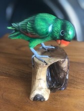 Wooden Parrot Green Carved Macaw Bird on Log 14cm Handpainted
