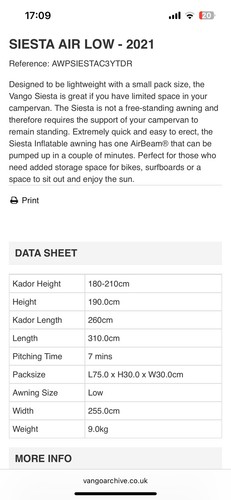 Vango siesta air awning - vango, low