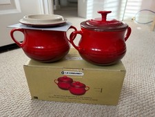 Le Creuset Set of 2 Red Lidded Mini Bean Pot French Onion Soup Bowl Boxed Unused