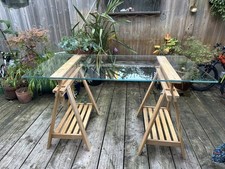 Glass and solid birch wood minimalist adjustable trestle desk table