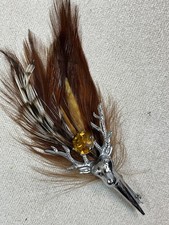 Silver Tone Stag Feather Brooch Yellow Rhinestone Scottish Celtic Pheasant Game