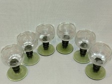 Roemer Rhine Etched Grape Vine Leaf Olive Green Bubble Stemmed Wine Glasses x 6