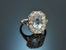 Art Deco Style Aquamarine And Lab-Created Diamond Engagement Ring In 925 Silver