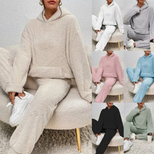 2Pcs Womens Fleece Fluffy Sleepwear Ladies Hooded Tops+Trouser Pajamas Sets Pjs