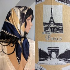 Vintage 1940s Crepe Paris France Landmarks Head Neck Souvenir Scarf 40s 50s 32"