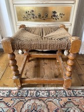 Vintage Wooden Woven Jute Foot Stool Mid Century Square Natural Hessian TC
