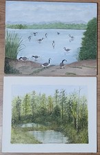 2 x Small Oil & Acrylic Paintings Woodland & Geese Pond Scenes 25x20cm & 26x20cm