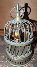 Vintage Brass Birdcage with Hand Painted Wooden Parrot  Mid Century Decorative 
