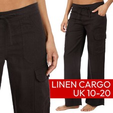 Ladies Linen Cargo Pants Combat Trousers Summer Long Bottoms Holiday Black 10-20