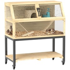 PawHut Wooden Hamster Cage w/ Wheels, Refurbished