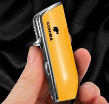 New Yellow Windproof Butane Lighter Triple Jet Flame Gas Torch Cigar with Punch