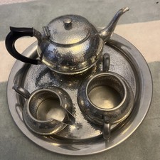Pewter 3 Pc Tea Set.  with tray  Beautiful Hammered & Stud Finish. 
