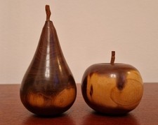 Apple & Pear Wood Turned Ornaments Hand Carved Wooden Fruit Vintage Decor Vgc
