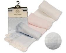 Baby Shawl Blanket ~ Waffle Fringe ~ White Pink Blue ~ Snuggle Baby
