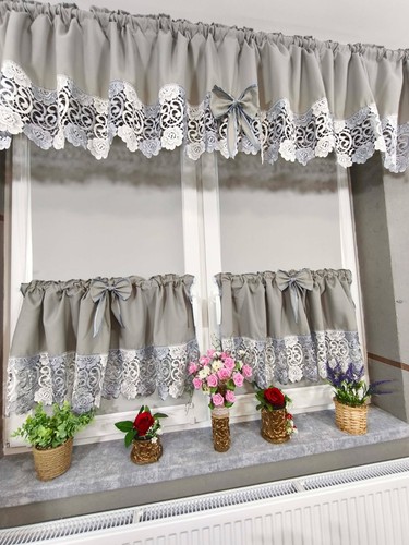 Grey lace curtain set valance - grey,