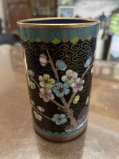Beautiful Black Ground Cloisonné Chinese Brush Pot .. Flowers Perfect Condition