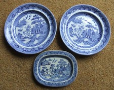 THREE Antique Stone Ware Blue & White Willow Pattern Dresser Plates Tureen Base