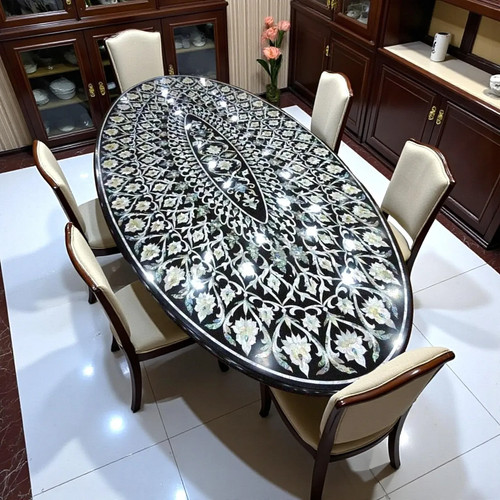 Black marble oval dining table - marble,