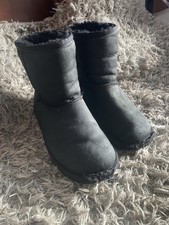 UGG KIDS Ankle Boots Black Suede Leather Round Toe Pull-On Snow Size UK 1 EU 33