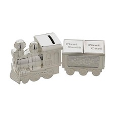 Silver Plated Train Money Box & First Tooth & Curl Carriage Gift Set Christening
