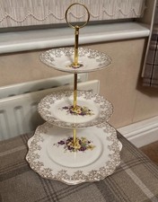 Vintage Fine Bone China 22kt Gold 3 Tier Cake Stand Floral & Gold