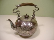 ANTIQUE SILVER PLATE ELKINGTON & CO TEA POT KETTLE NO STAND ENGRAVING, WOOD HAND