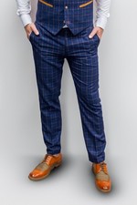 Mens Suit Blue Check Trouser Tweed Wedding Racing Prom Groom Peaky Blinder