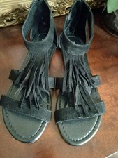 F & F BLACK SUEDE GLADIATOR FLAT SANDALS WITH FRINGING SIZE UK 5 EU 38 BNWOT