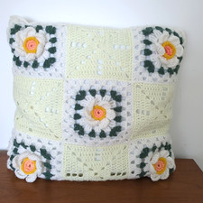Vintage Cushion Granny Square Flowers Crochet Orange Yellow Purple 60s 70s