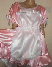 ABDL PINK WHITE SATIN  MAID DRESS LACE TRIM DRESS 52"