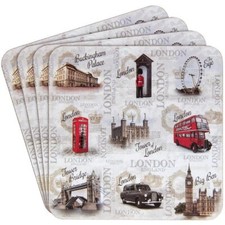 London Icons And Big Ben Red Double Decker Bus Vintage Landmarks Coaster Set