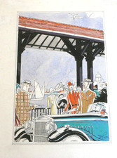 ORIGINAL  D. PARR  SIGNED ART DECO INK & WATERCOLOUR DRAWING, MOTOR CAR & BRIDGE