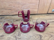 4 Vintage Pyrex JAJ Cups Red Drink-ups Glass Cups and Plastic Holders Retro 70's