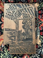 Wonderful 1930’s New Forest Barn Scene  Hand carved Wooden Printing Block