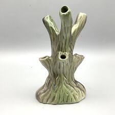 Vtg tree trunk Vase, ceramic, green glaze, table decoration 7 branches
